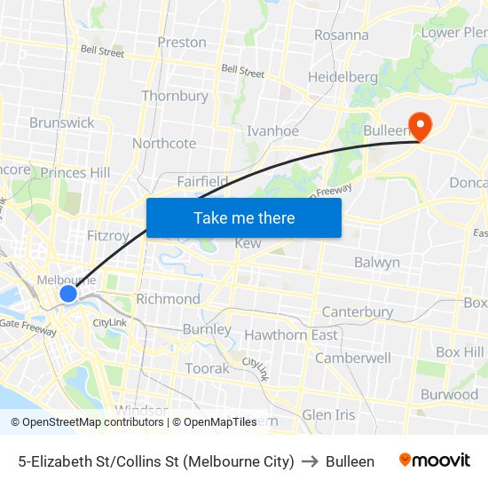 5-Elizabeth St/Collins St (Melbourne City) to Bulleen map