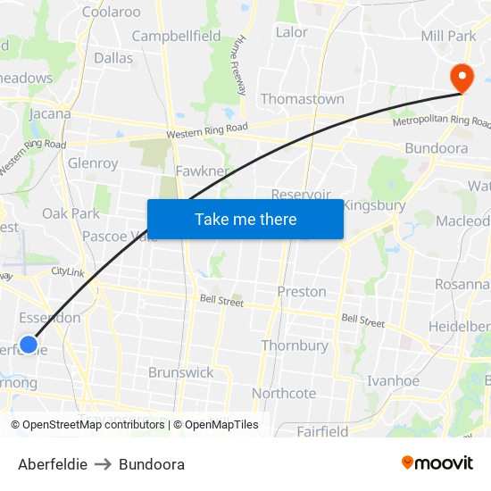 Aberfeldie to Bundoora map