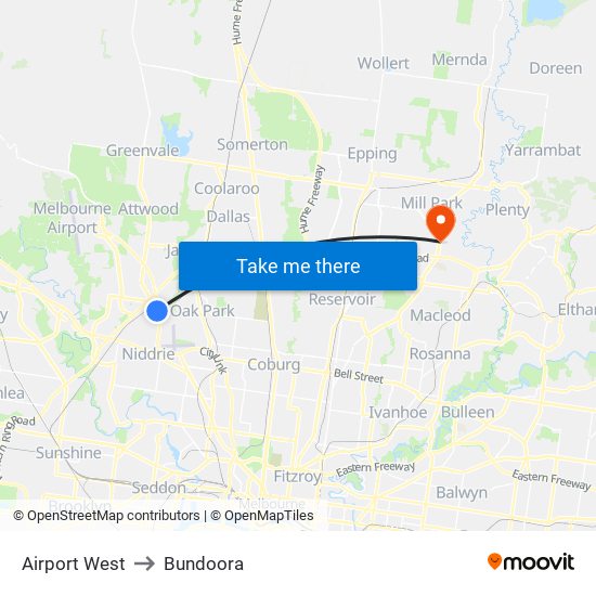 Airport West to Bundoora map