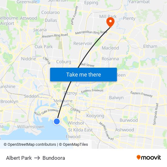 Albert Park to Bundoora map