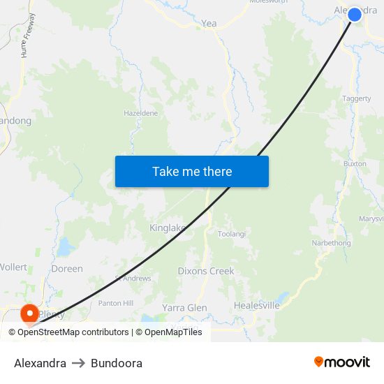 Alexandra to Bundoora map