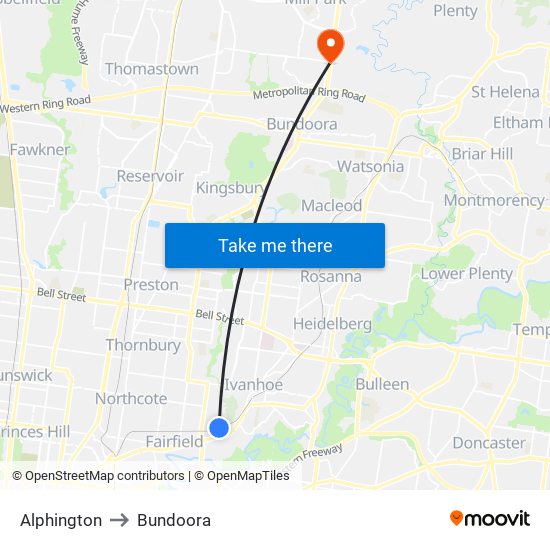 Alphington to Bundoora map