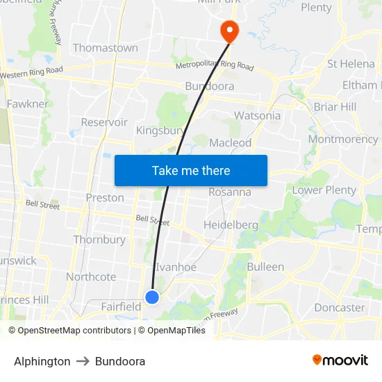 Alphington to Bundoora map