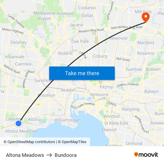 Altona Meadows to Bundoora map