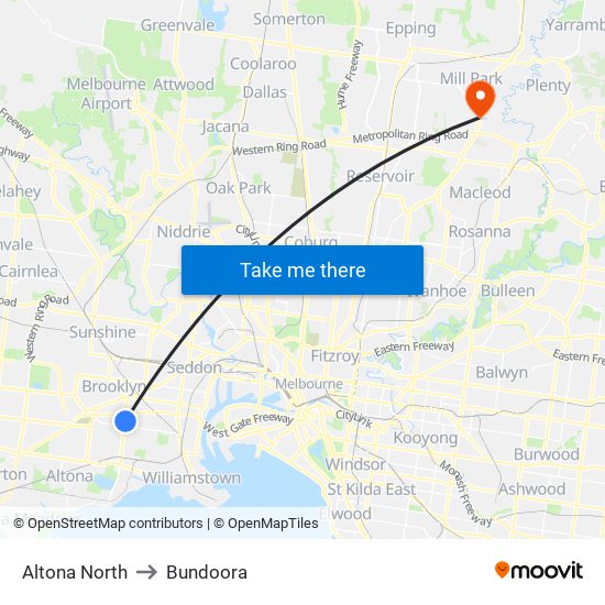 Altona North to Bundoora map