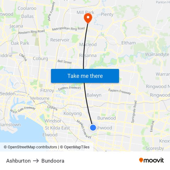 Ashburton to Bundoora map