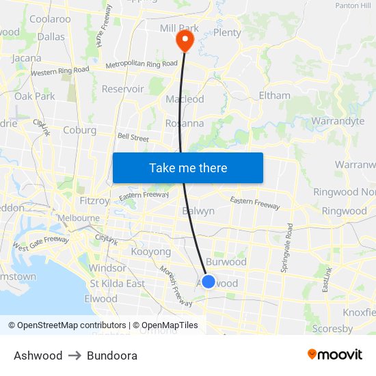 Ashwood to Bundoora map