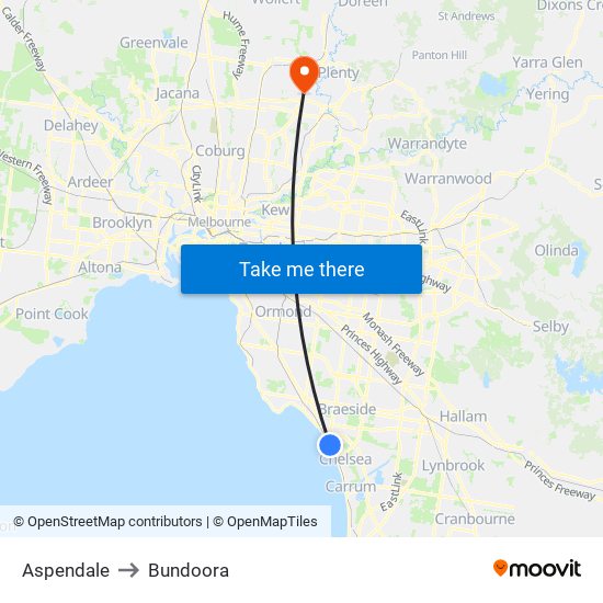 Aspendale to Bundoora map