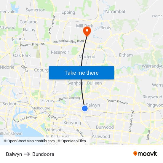 Balwyn to Bundoora map