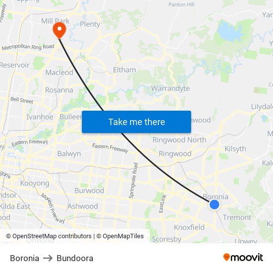 Boronia to Bundoora map