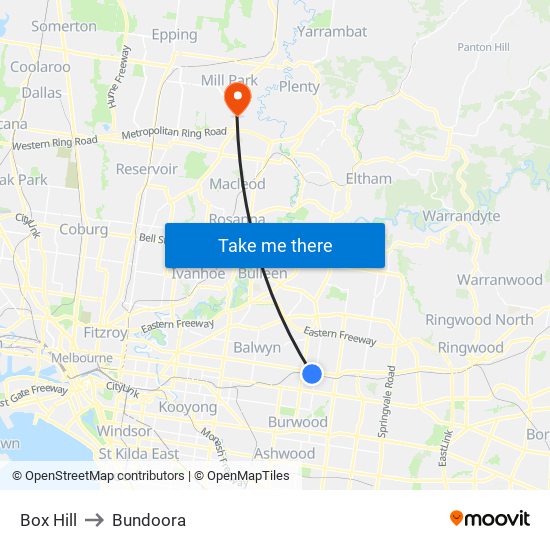 Box Hill to Bundoora map