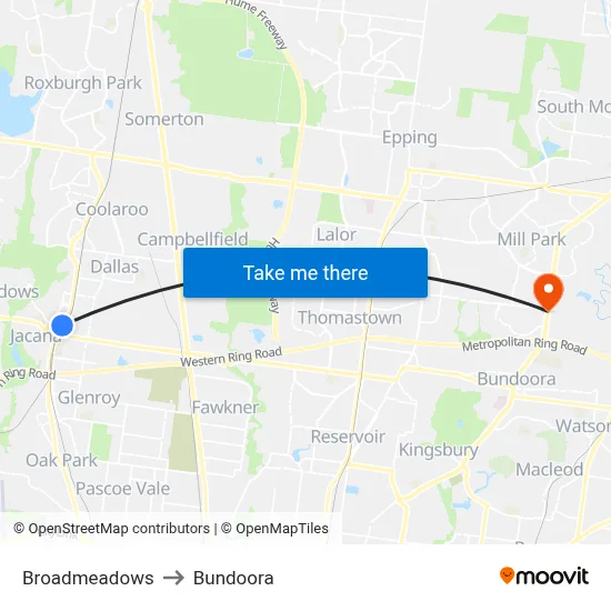 Broadmeadows to Bundoora map