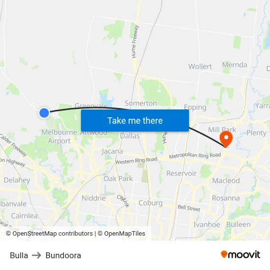 Bulla to Bundoora map