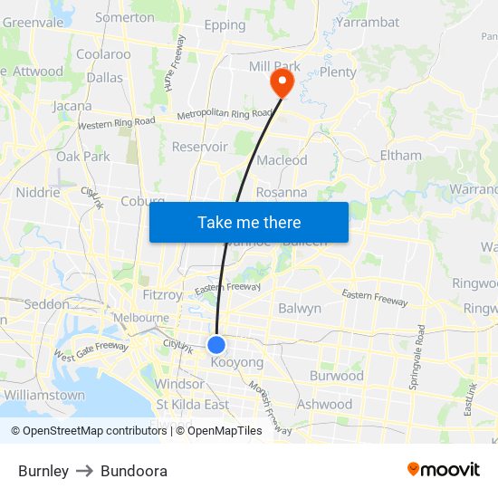 Burnley to Bundoora map