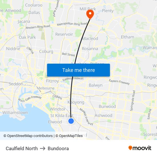 Caulfield North to Bundoora map