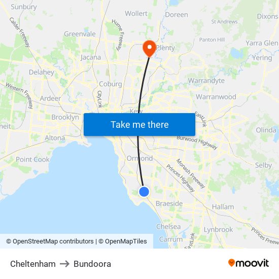 Cheltenham to Bundoora map