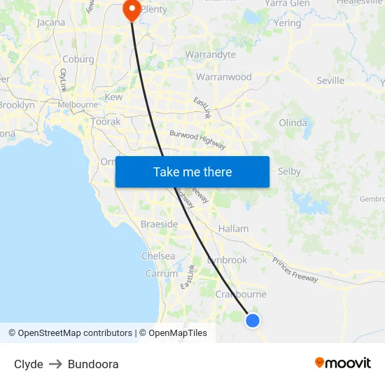 Clyde to Bundoora map