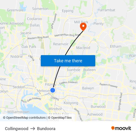 Collingwood to Bundoora map