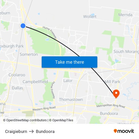 Craigieburn to Bundoora map