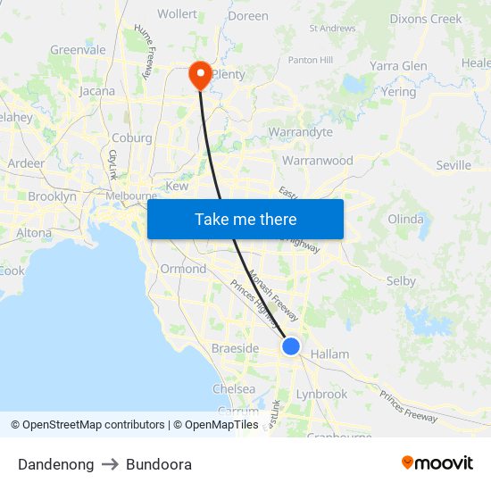 Dandenong to Bundoora map