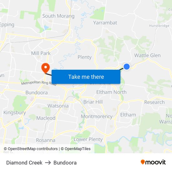 Diamond Creek to Bundoora map