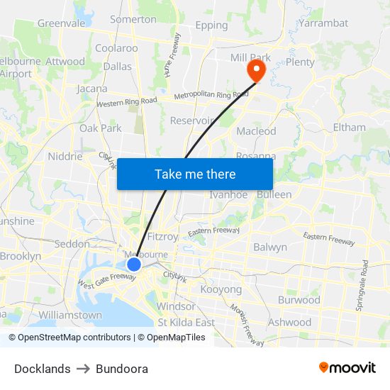 Docklands to Bundoora map