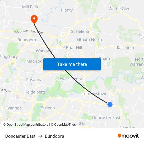 Doncaster East to Bundoora map