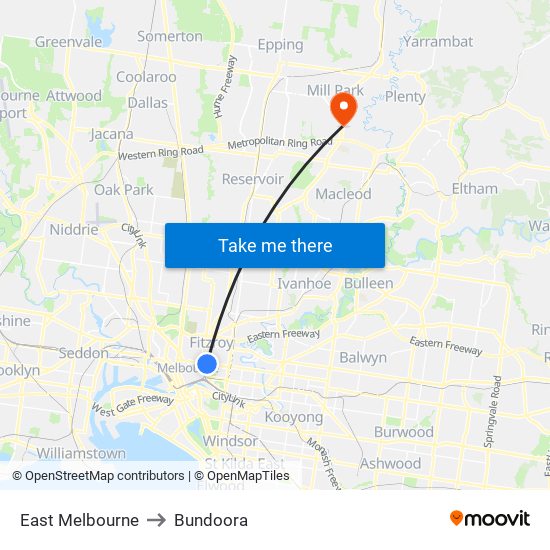 East Melbourne to Bundoora map