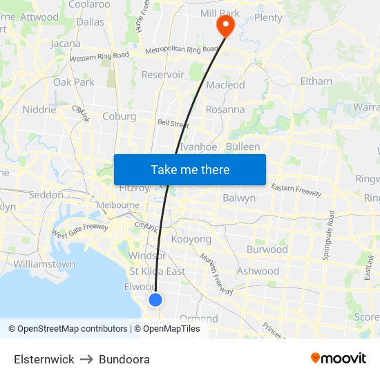 Elsternwick to Bundoora map