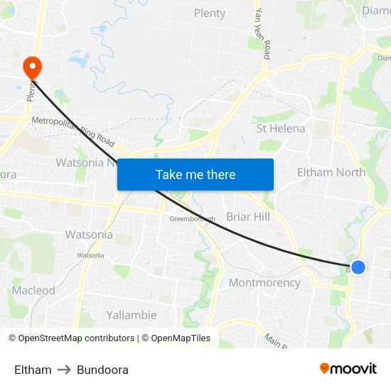 Eltham to Bundoora map