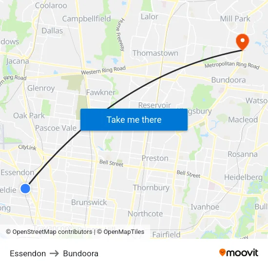 Essendon to Bundoora map