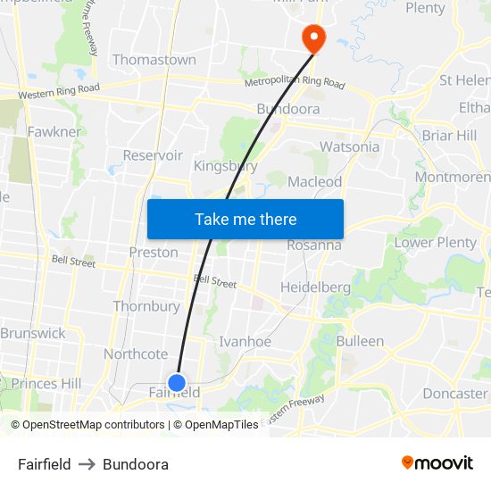 Fairfield to Bundoora map