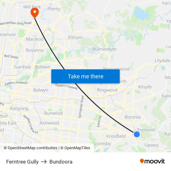 Ferntree Gully to Bundoora map