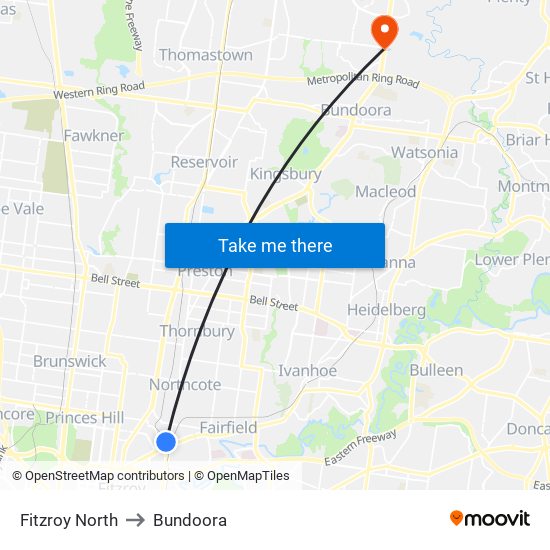 Fitzroy North to Bundoora map