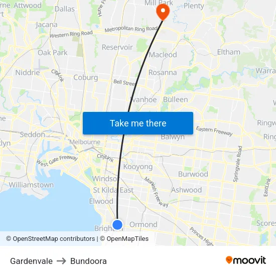 Gardenvale to Bundoora map