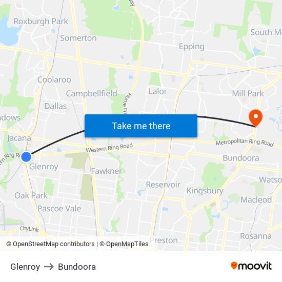 Glenroy to Bundoora map