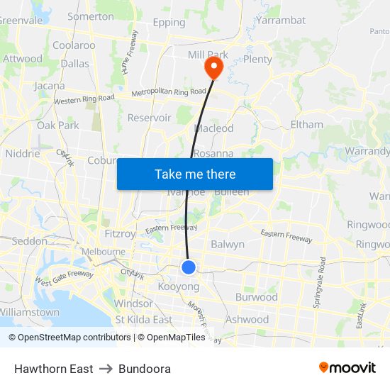 Hawthorn East to Bundoora map