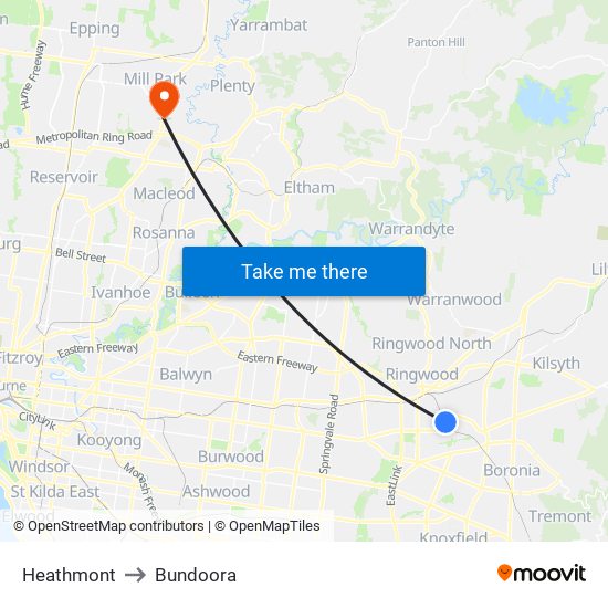 Heathmont to Bundoora map