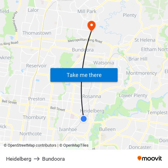 Heidelberg to Bundoora map