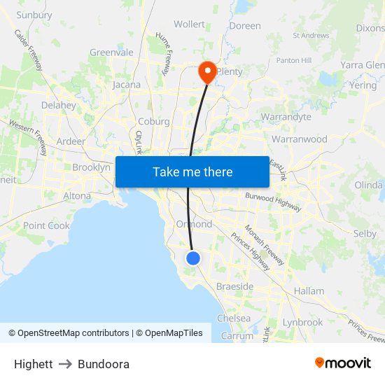 Highett to Bundoora map