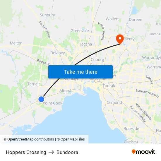 Hoppers Crossing to Bundoora map