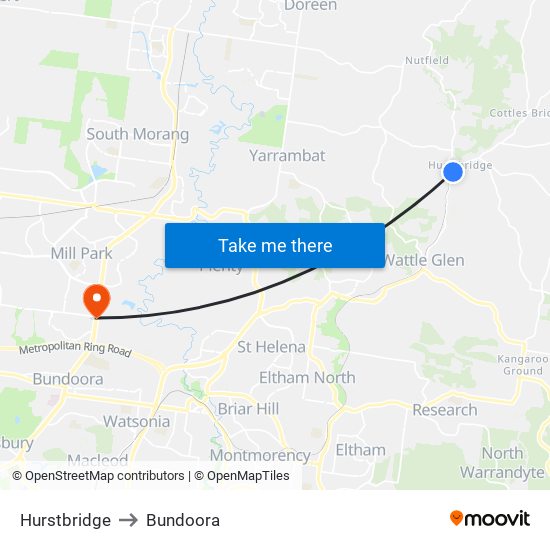 Hurstbridge to Bundoora map