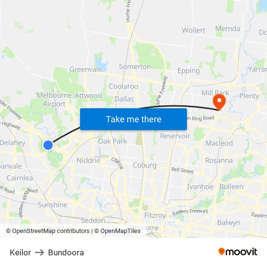 Keilor to Bundoora map