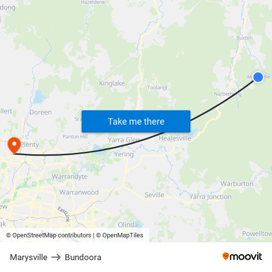 Marysville to Bundoora map