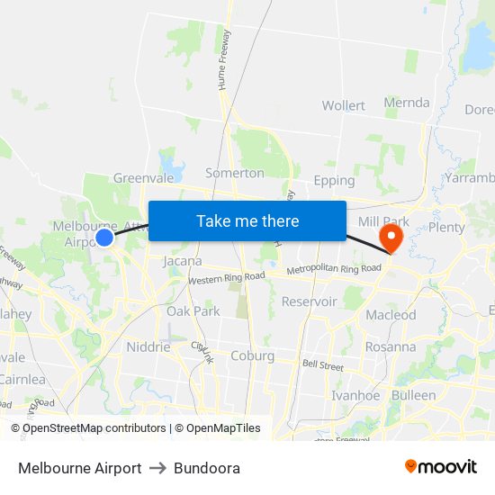 Melbourne Airport to Bundoora map