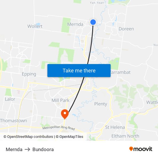 Mernda to Bundoora map