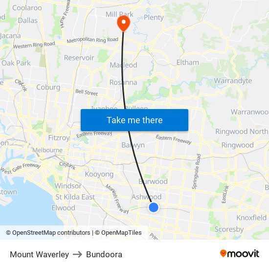Mount Waverley to Bundoora map