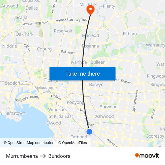 Murrumbeena to Bundoora map