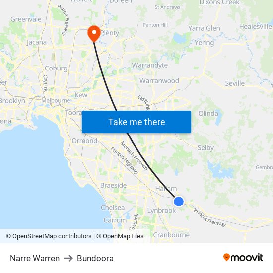 Narre Warren to Bundoora map