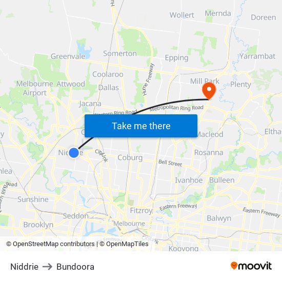 Niddrie to Bundoora map